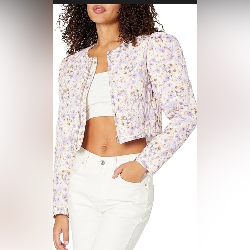 ASTR BREA Floral Lilac Linen QUILTED CROP-PUFF SLEEVE JACKET Size Xsmall NEW